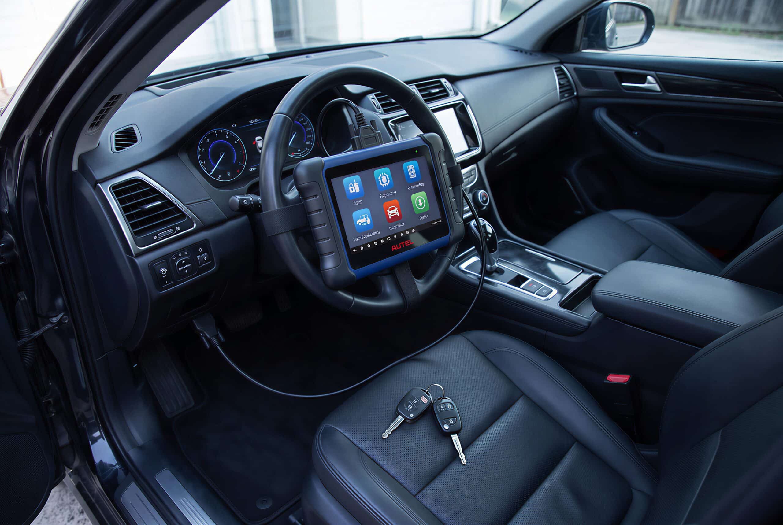 Same image, same composition, same Autel tablet strapped to the steering wheel with its OBD cable, same two car keys on the driver's seat, same camera angle. One change only: replace the old worn car interior with a modern, recent vehicle interior * very dark charcoal-black upholstery and dashboard (#0D0D14 tone), clean and in perfect condition, modern digital instrument cluster with subtle electric indigo-blue (#313ADD) accents in its display, clean dark floor mat, no stains, no wear, no torn fabric. The vehicle looks recent and premium. Overall color grading: dark, cool, desaturated with deep blue undertones matching a dark tech aesthetic. Keep the Autel tablet EXACTLY as it is * same blue frame, same screen with its six colored icons, same red AUTEL logo. Keep the natural daylight from the open driver's door. Photorealistic authentic intervention photo, no light effects, no glow, no particles. {"aspect_ratio":"3:2","enable_base64_output":false,"enable_sync_mode":false,"images":["https://d2h7xmz5gqybh9.cloudfront.net/media/92dfcc16eef44f32ba09236c74f50e1f/images/1783774887337976140_JdT3cmvD.jpeg","https://d2h7xmz5gqybh9.cloudfront.net/media/92dfcc16eef44f32ba09236c74f50e1f/images/1783774893012211137_gYKU2cku.png"],"output_format":"jpeg","prompt":"Same image, same composition, same Autel tablet strapped to the steering wheel with its OBD cable, same two car keys on the driver's seat, same camera angle. One change only: replace the old worn car interior with a modern, recent vehicle interior * very dark charcoal-black upholstery and dashboard (#0D0D14 tone), clean and in perfect condition, modern digital instrument cluster with subtle electric indigo-blue (#313ADD) accents in its display, clean dark floor mat, no stains, no wear, no torn fabric. The vehicle looks recent and premium. Overall color grading: dark, cool, desaturated with deep blue undertones matching a dark tech aesthetic. Keep the Autel tablet EXACTLY as it is * same blue frame, same screen with its six colored icons, same red AUTEL logo. Keep the natural daylight from the open driver's door. Photorealistic authentic intervention photo, no light effects, no glow, no particles.","resolution":"4k"}