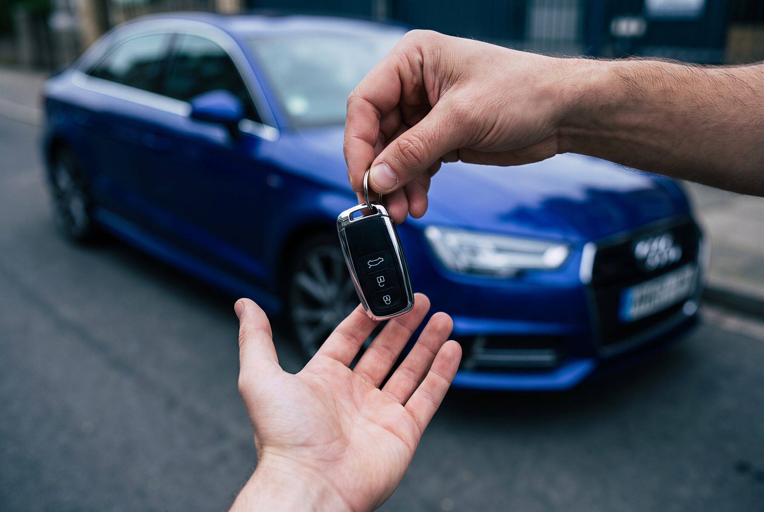 Photorealistic close-up: a technician's bare hand handing over a brand new modern flip car key to a client's open bare hand, in front of a premium modern sedan in deep electric indigo-blue (#313ADD) parked on a street. The key is centered in the frame, sharp focus on the key and the two hands. Tight framing on the hands only, no faces visible, no arms above the wrist. Natural daylight, the blue car body blurred in the background. Anatomically correct hands, five fingers each. Premium, high-end feel. Authentic on-site intervention photo, cool dark color grading with deep blue undertones. No light effects, no glow, no particles. 3:2 horizontal composition. {"aspect_ratio":"3:2","enable_base64_output":false,"enable_sync_mode":false,"images":["https://d2h7xmz5gqybh9.cloudfront.net/media/92dfcc16eef44f32ba09236c74f50e1f/images/1783776467413231539_c3Erf3RE.png"],"output_format":"jpeg","prompt":"Photorealistic close-up: a technician's bare hand handing over a brand new modern flip car key to a client's open bare hand, in front of a premium modern sedan in deep electric indigo-blue (#313ADD) parked on a street. The key is centered in the frame, sharp focus on the key and the two hands. Tight framing on the hands only, no faces visible, no arms above the wrist. Natural daylight, the blue car body blurred in the background. Anatomically correct hands, five fingers each. Premium, high-end feel. Authentic on-site intervention photo, cool dark color grading with deep blue undertones. No light effects, no glow, no particles. 3:2 horizontal composition.","resolution":"4k"}